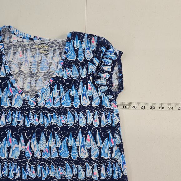 NWT Lilly Pulitzer Etta V-Neck Women's Shirt Navy Sailboat Print S 6136 - Picture 6 of 9
